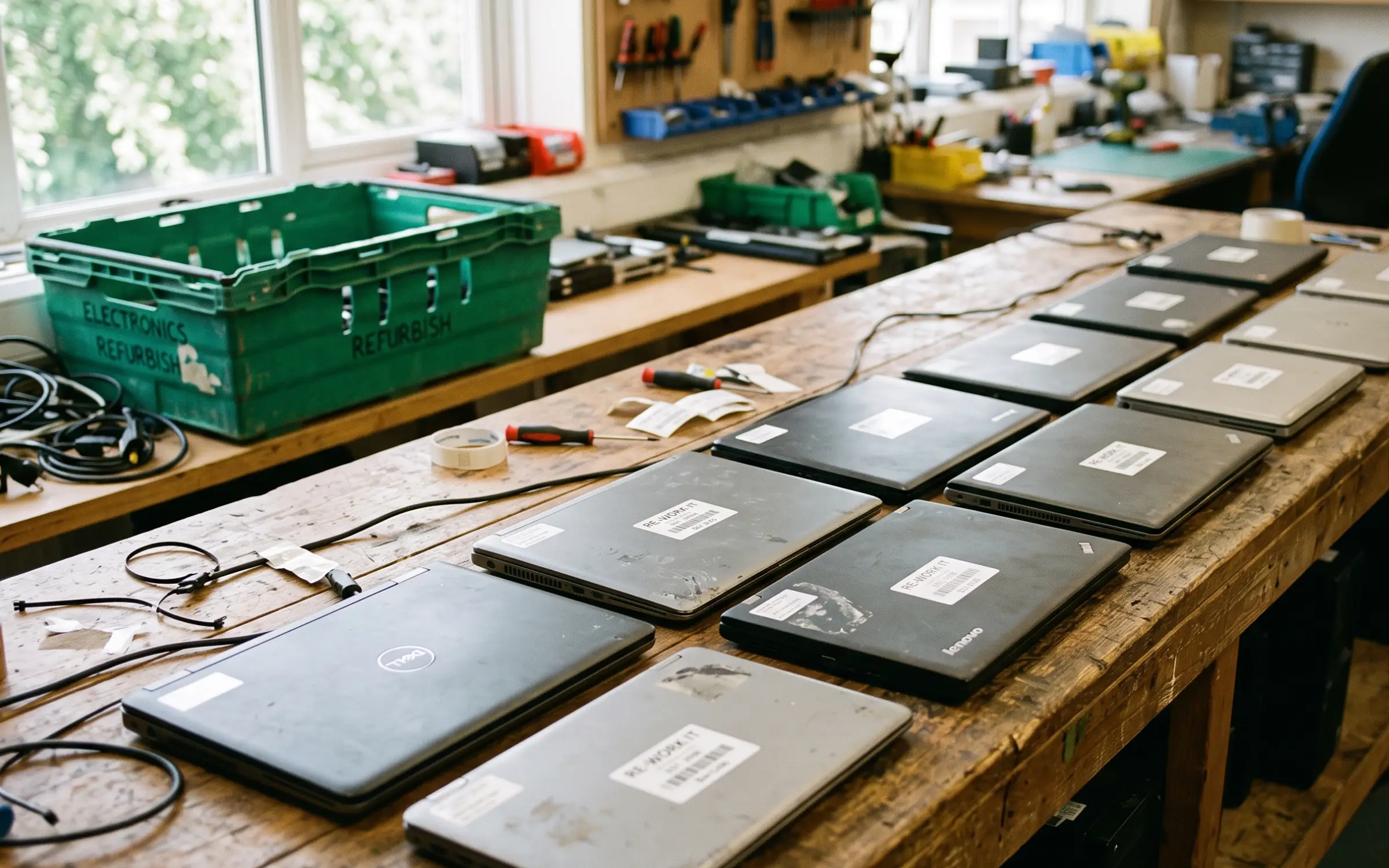 Laptops lined up on the AT Digital workbench, each with an asset tag