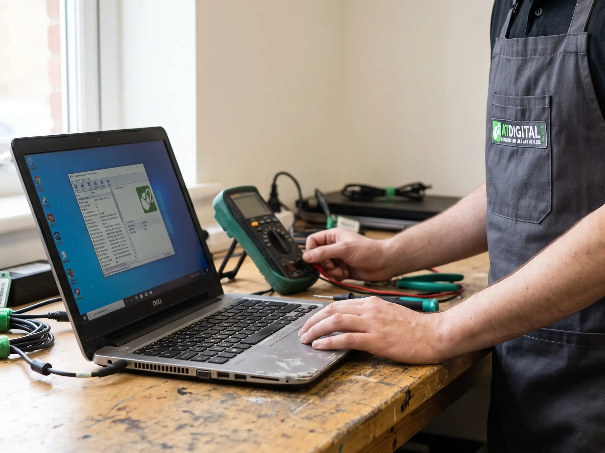 Technician testing a laptop, diagnostic screen