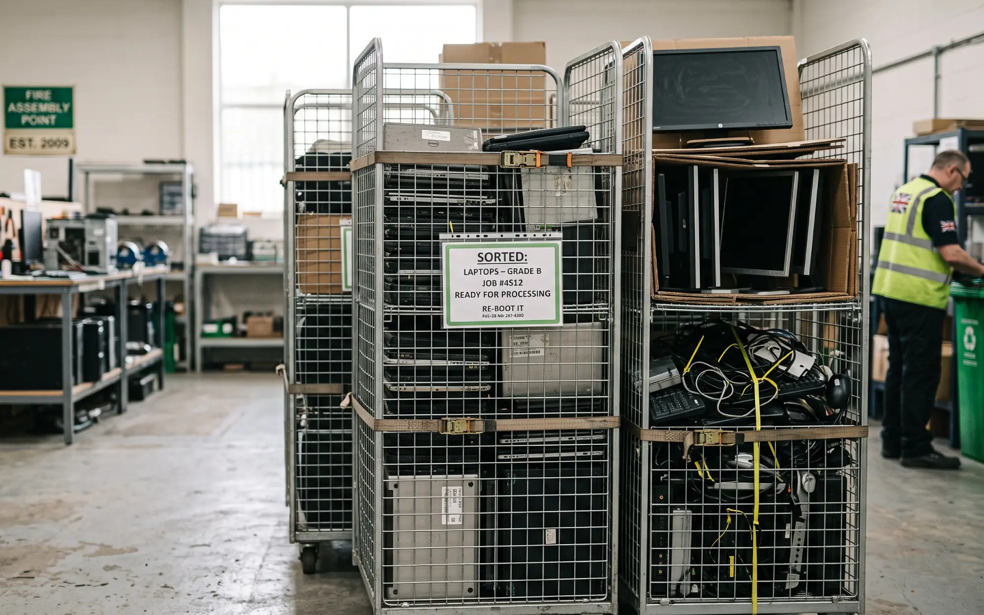 Cages of sorted equipment, strapped and labelled, ready for processing