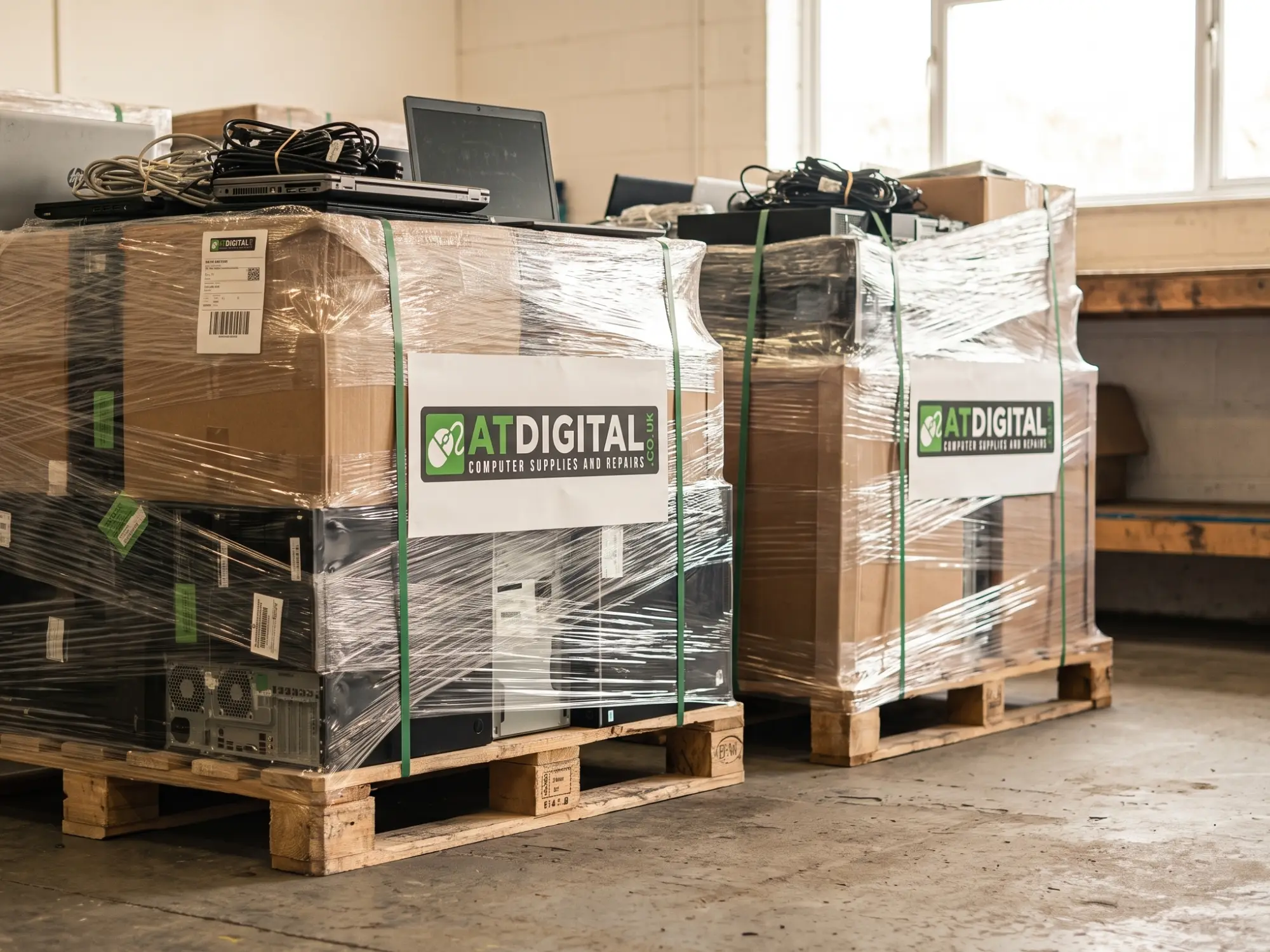 Pallets of sorted equipment, strapped and labelled